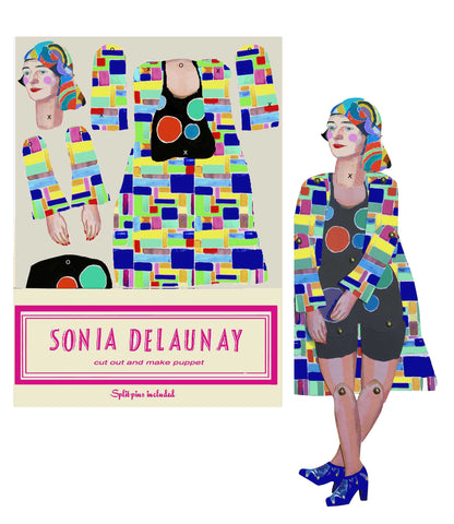 Finished puppet by packaging of Sonia Delaunay artist paper puppet cut out and make kit by Wini Tapp