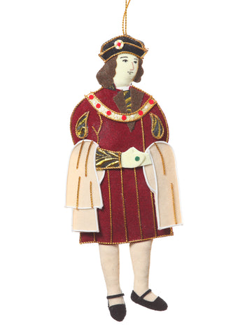 Handmade fabric sewn decoration of King Richard III in red regal clothing. 