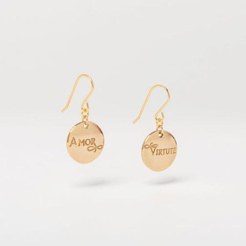 Amor et Virtute design gold vermeil drop earrings.