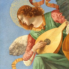 Pack of 5 Christmas cards featuring an angel playing the lute.