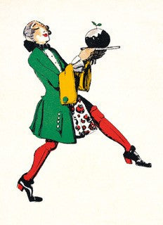 Christmas card featuring an illustration of a butler carrying a Christmas pudding.