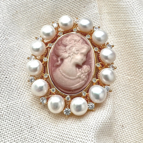 Cameo brooch with pearls inspired by Queen Elizabeth II's jewellery for her Platinum Jubilee collection at the National Portrait Gallery