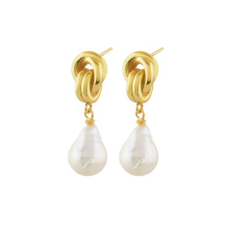 Chunky knot gold earrings with baroque pearl drop.