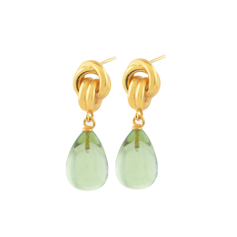 Chunky knot gold earrings with smoky green drop.