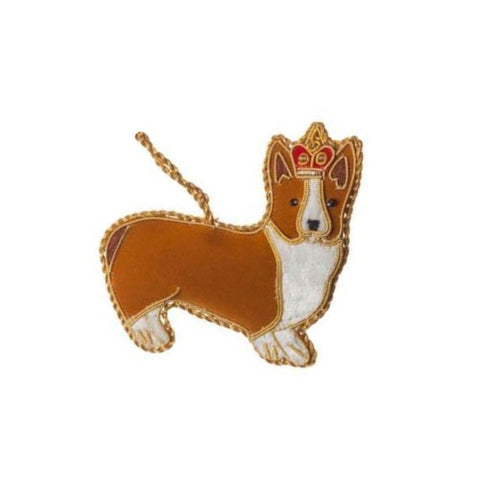 Standing corgi with red crown hanging Christmas decoration.