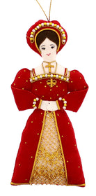 This decoration is of a woman with dark hair in a lavish red and gold gown.