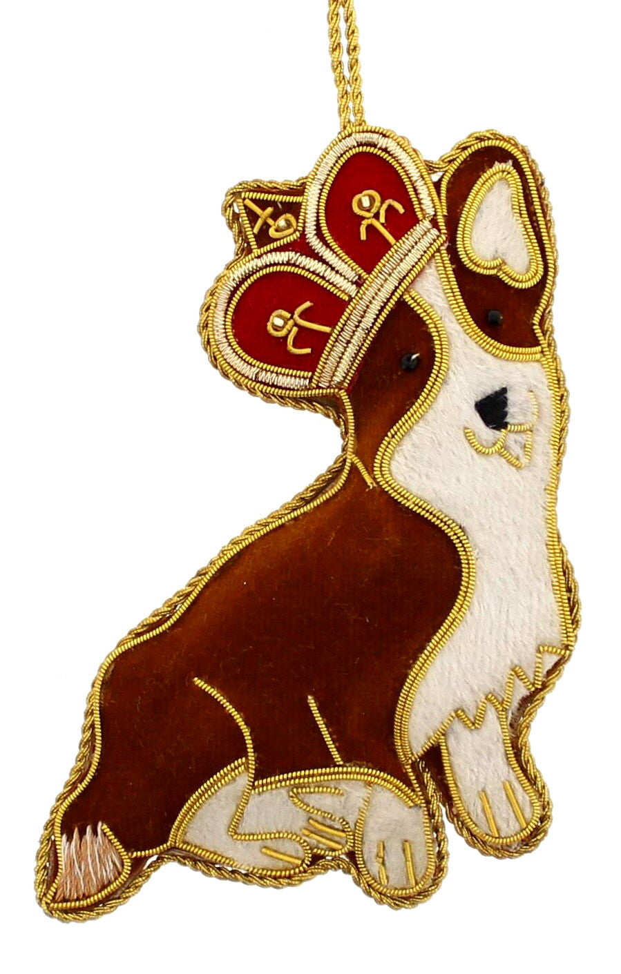 A handmade fabric sewn decoration featuring a corgi dog wearing a crown.