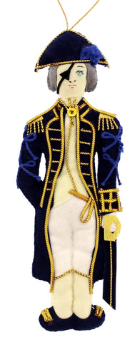 Handmade fabric sewn decoration featuring Admiral Nelson with an eye patch wearing blue velvet and gold embroidered detailing.