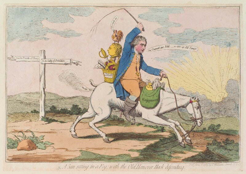 'a sun setting in a fog; with the old hanover hack descending' (charles james fox; king george iii) npg d12992