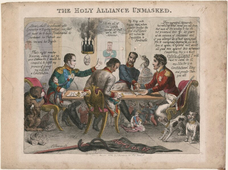 'the holy alliance unmasked' (alexander i, tsar of russia; napoléon bonaparte; francis i, emperor of austria; louis antoine de bourbon, duc d'angoulême; arthur wellesley, 1st duke of wellington) npg d48682