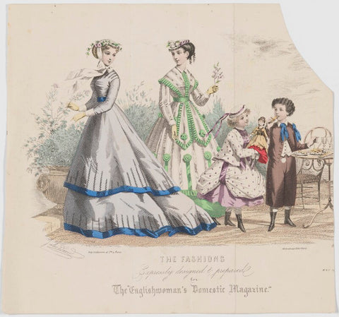 'The Fashions', May 1867. Visiting toilet, country toilet, costume for a little girl between six and seven years old and costume for a little boy between eight and nine years old NPG D48024