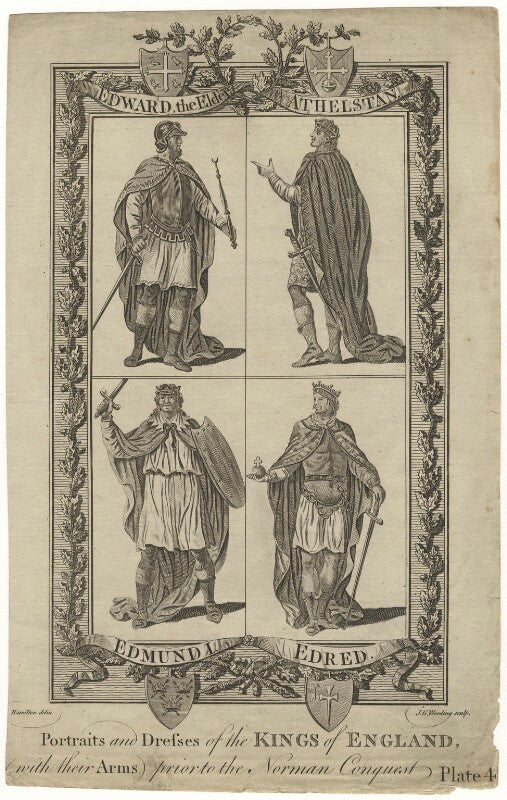 Portraits and dresses of the kings of england, (with their arms), prior to the norman conquest plate 4 npg d8867