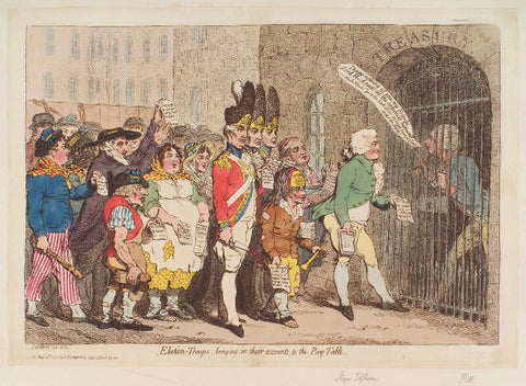 'Election-troops, bring in their accounts, to the pay-table' (Edward Topham; William Pitt) NPG D12390