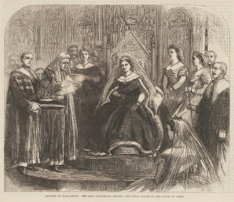 'opening of parliament: the lord chancellor reading the royal speech in the house of lords' (including queen victoria; robert monsey rolfe, baron cranworth; queen alexandra) npg d48328