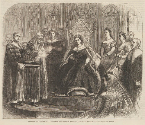 'Opening of Parliament: the Lord Chancellor reading the Royal Speech in the House of Lords' (including Queen Victoria; Robert Monsey Rolfe, Baron Cranworth; Queen Alexandra) NPG D48328