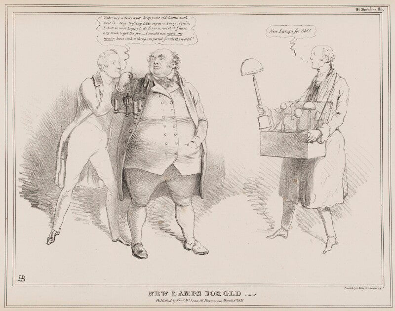 New lamps for old (sir robert peel, 2nd bt; john bull; charles grey, 2nd earl grey) npg d41048