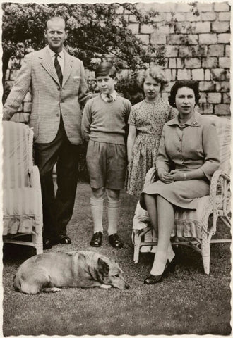 'H.M. The Queen with her family in Windsor Castle gardens' (Prince Philip, Duke of Edinburgh; King Charles III; Princess Anne; Queen Elizabeth II) NPG x193035