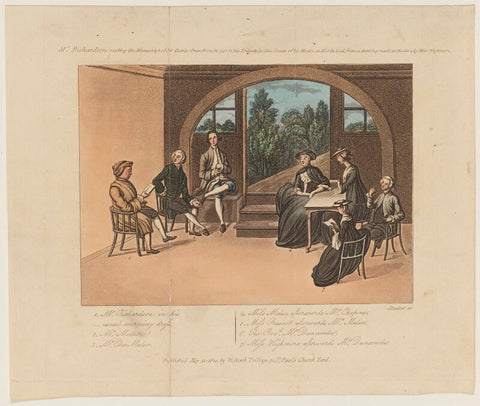 'Mr Richardson, reading the manuscript of Sir Charles Grandison in 1751, to his Friends in the Grotto of his House at North End, from a drawing made at the time by Miss Hghmore.' NPG D5810