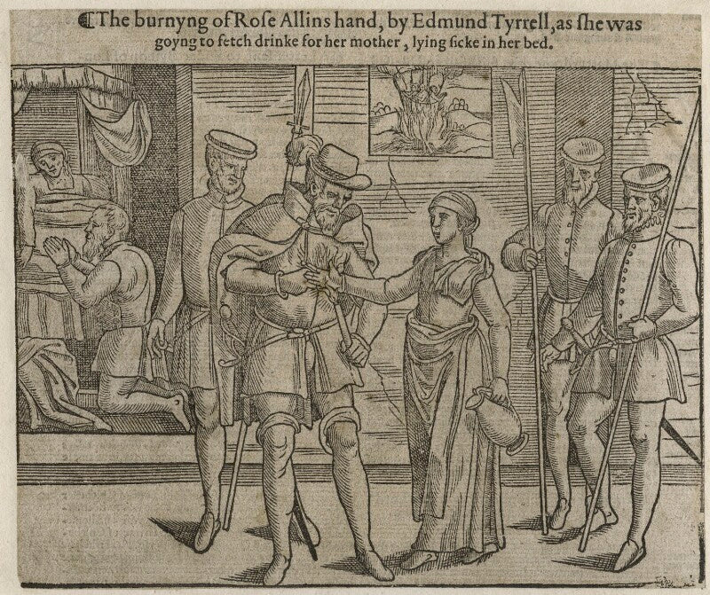 'the burnyng of rose allins hand, by edmund tyrrell' npg d42467