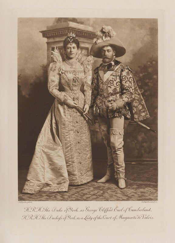 Queen mary when duchess of york as a lady of the court of marguerite de valois and king george v when duke of york as george clifford, earl of cumberland npg ax41005