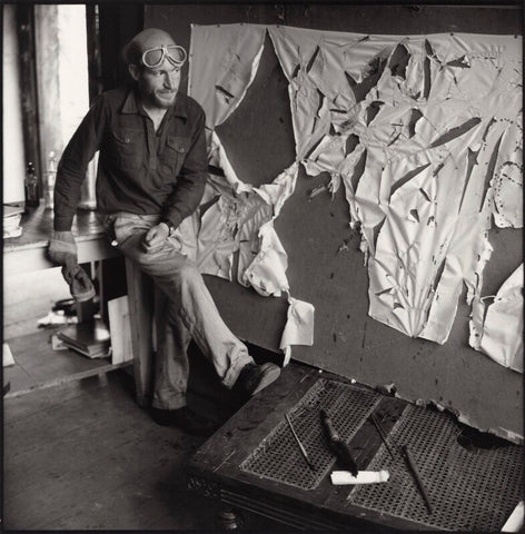 Gustav Metzger practicing for a public demonstration of Auto-destructive art using acid on nylon NPG x134797