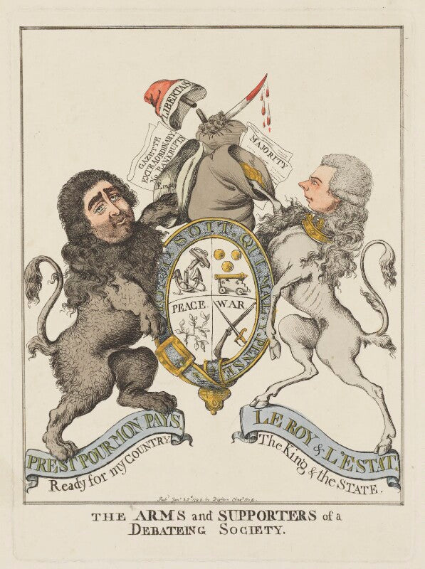 The arms and supporters of a debateing society (charles james fox; william pitt) npg d47139