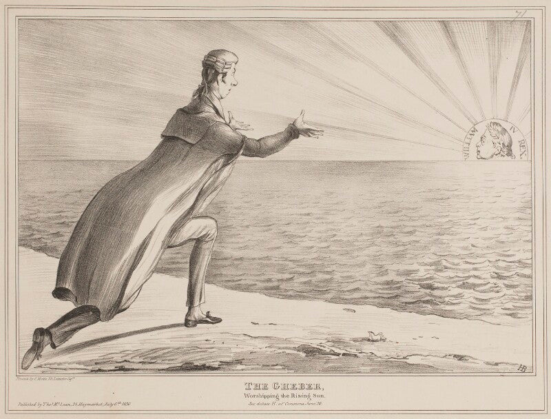 The gheber, worshipping the rising sun (henry brougham, 1st baron brougham and vaux; king william iv) npg d41006