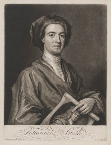 John Smith holding print by John Smith of Sir Godfrey Kneller, Bt NPG D1340