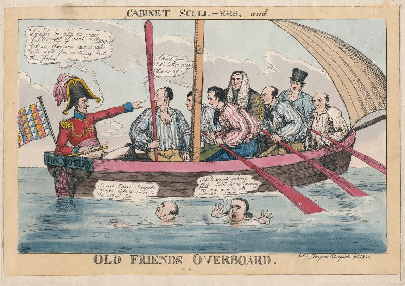 'cabinet scull ers, and old friends overboard' (includes arthur wellesley, 1st earl of wellington; henry goulburn; sir robert peel, 2nd bt; john singleton copley, baron lyndhurst; william huskisson; edward law, 1st baron ellenborough; john william wa...) npg d48707