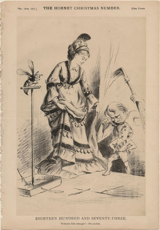 'eighteen hundred and seventy three. welcome little stranger!   pin cushion.' npg d48319