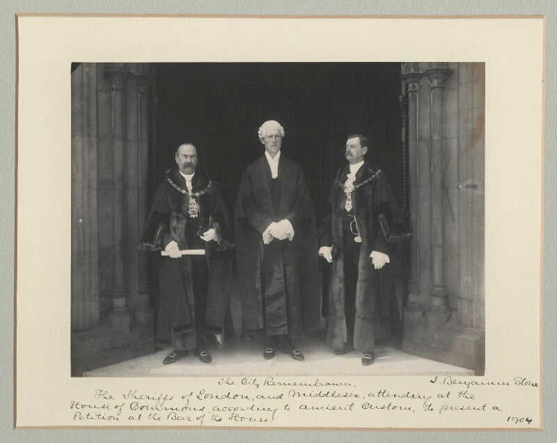 'the sheriffs of london and middlesex attending at the house of commons according to ancient custom to present a petition at the bar of the house' npg x135143