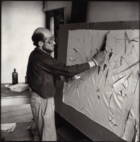Gustav Metzger practicing for a public demonstration of Auto-destructive art using acid on nylon NPG x134796