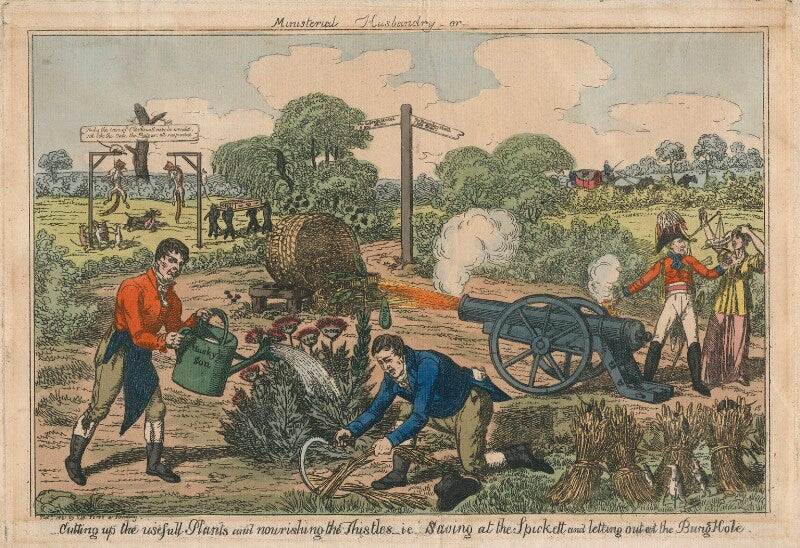 'ministerial husbandry  or  cutting up the usefull plants, and nourishing the thistles ie  saving at the spickett and letting out at the bung hole.' (william huskisson; john wilson croker; arthur wellesley, 1st duke of wellington) npg d48681