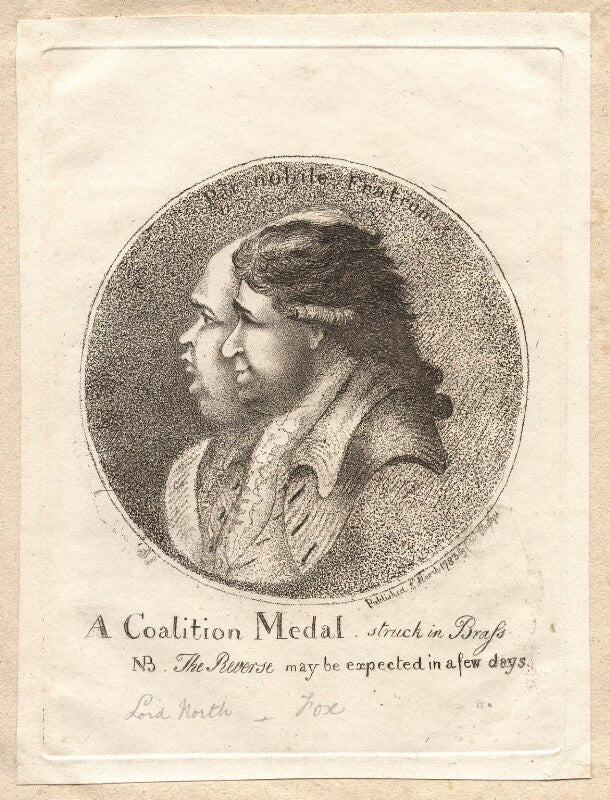 'a coalition medal struck in brass' (frederick north, 2nd earl of guilford; charles james fox) npg d9540