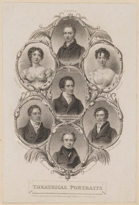 William farren; maria rebecca davison (née duncan); frances harriet kelly; edmund kean; john fawcett; william blanchard; robert keeley npg d38604