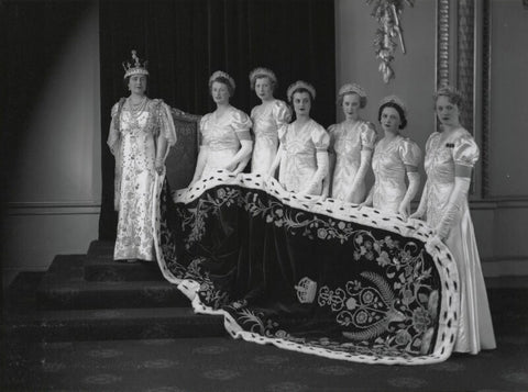 Queen Elizabeth, the Queen Mother at the coronation with her six maids of honour NPG x32322