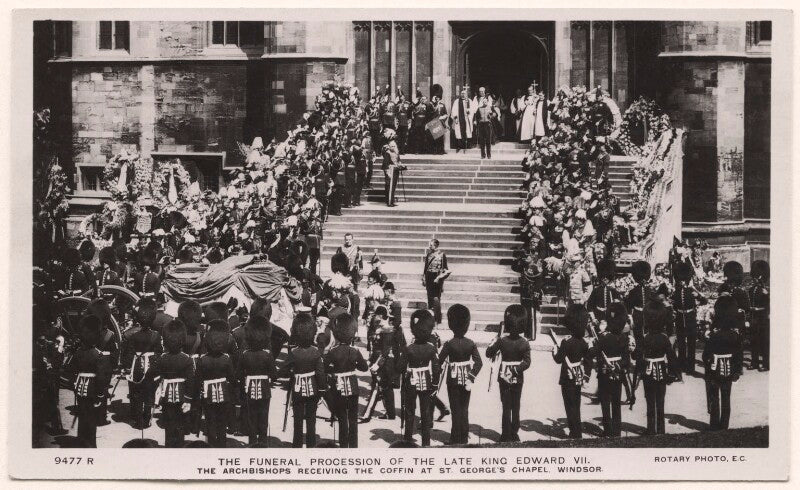 'the funeral procession of the late king edward vii. the archbishops receiving the coffin at st george's chapel, windsor.' npg x38523