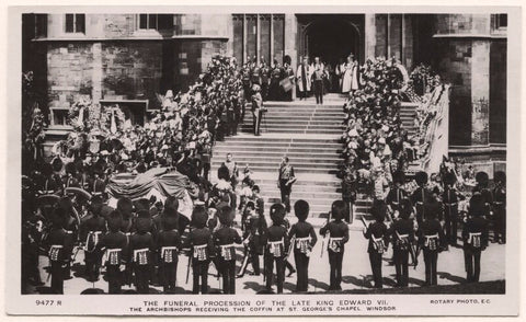 'The Funeral Procession of the Late King Edward VII. The Archbishops Receiving the Coffin at St George's Chapel, Windsor.' NPG x38523