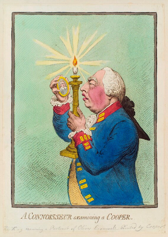 'a connoisseur examining a cooper' (oliver cromwell (in portrait); king george iii) npg d12459