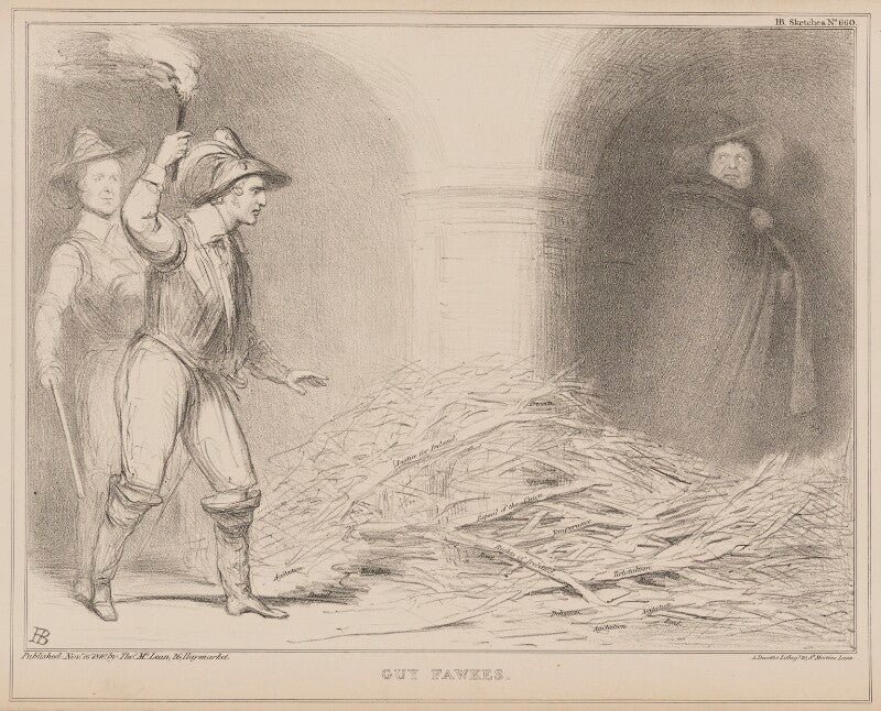 Guy fawkes (sir robert peel, 2nd bt; edward stanley, 14th earl of derby; daniel o'connell) npg d41594