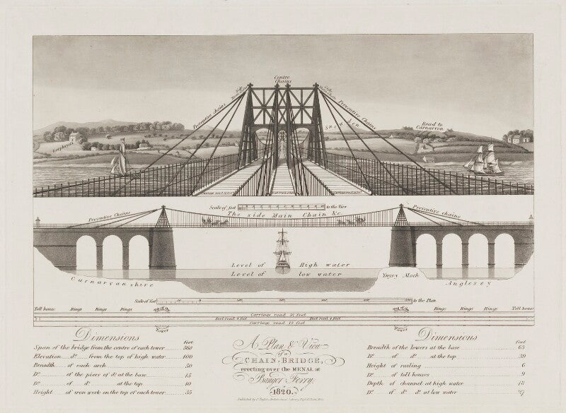 A plan & view of a chain bridge, erecting over the menai at bangor ferry 1820 npg d1384