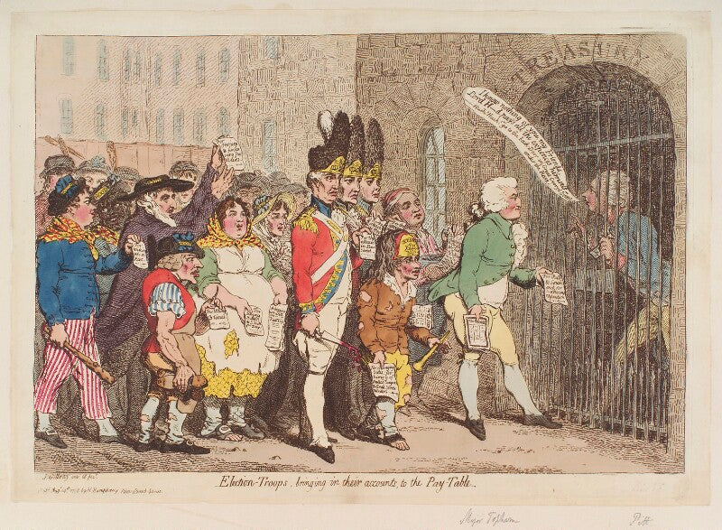 'election troops, bring in their accounts, to the pay table' (edward topham; william pitt) npg d12390