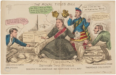 'The Royal Titles bill between two stools' (Benjamin Disraeli, Earl of Beaconsfield; Queen Victoria; John Brown; William Ewart Gladstone) NPG D48207