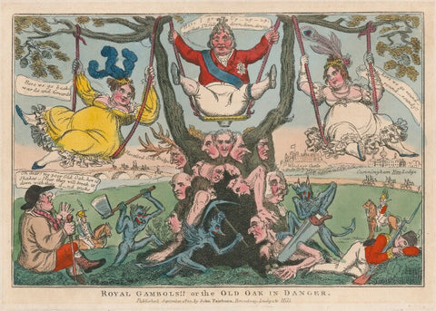 'Royal Gambols!! or the Old Oak in Danger' (includes John Bull; Isabella Anne Seymour-Conway (née Ingram), Marchioness of Hertford; King George IV; Elizabeth Conyngham (née Denison), Marchioness Conyngham; Francis Seymour Conway, 2nd Marquess of Hert...) NPG D48674