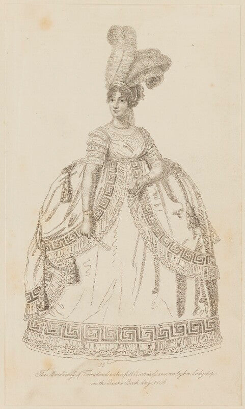 Anne townshend (née montgomery), marchioness townshend ('the marchioness of townshend in her full court dress, as worn by her ladyship, on the queen's birth day, 1806') npg d47498