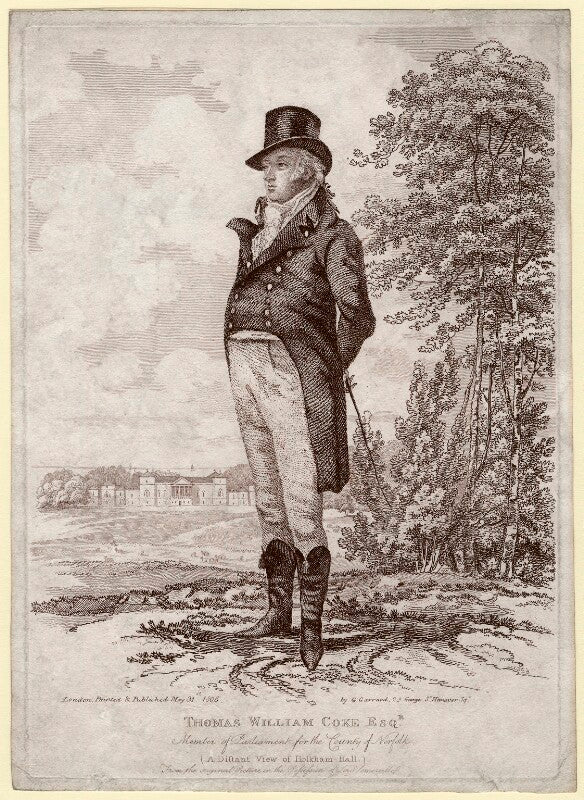 Thomas william coke, 1st earl of leicester of holkham seen in front of holkham hall npg d1376