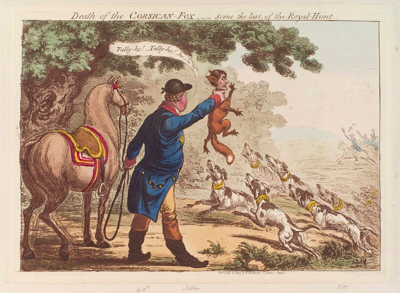 'death of the corsican fox   scene the last, of the royal hunt' (king george iii; napoléon bonaparte) npg d12818