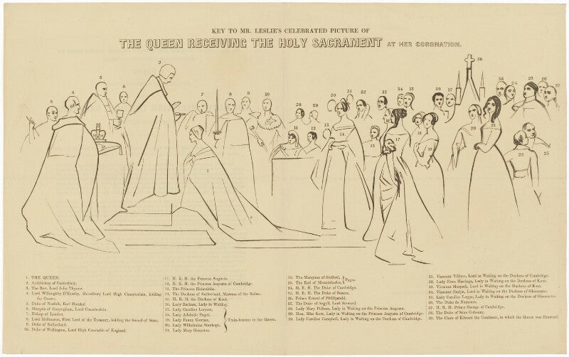 Key to mr leslie's picture of queen victoria receiving the holy sacrament at her coronation npg d33660