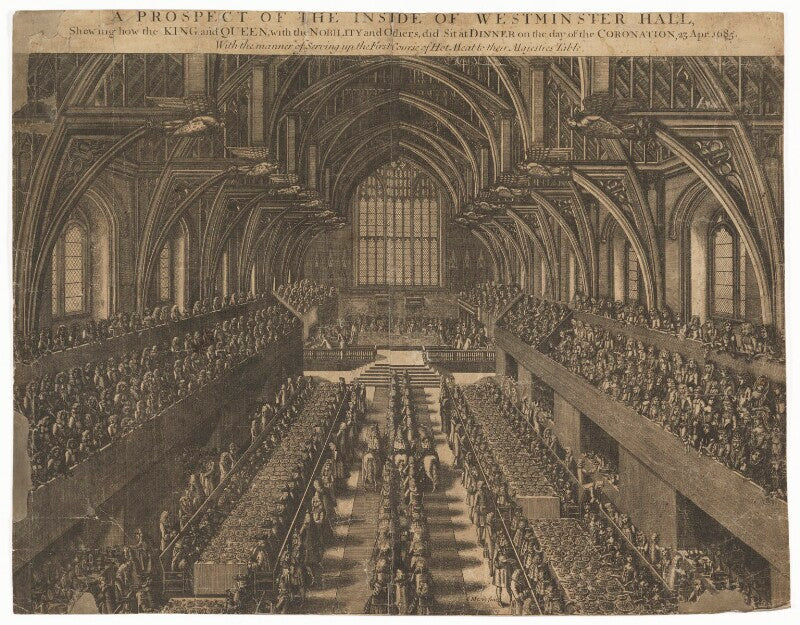 A prospect of the inside of westminster hall on the day of the coronation, 23 apr. 1685 (king james ii; mary of modena) npg d32730