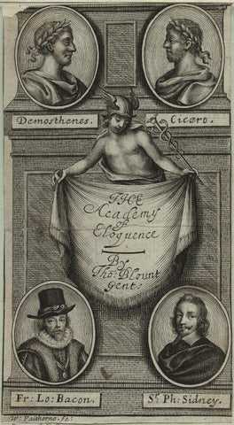 Demosthenes, Cicero, Francis Bacon and Sir Philip Sidney in the Title page to Blount's 'The Academy of Eloquence' NPG D25389